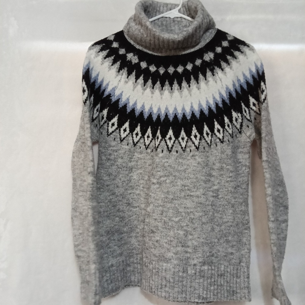 Aspen Womens Gray Fair Isle Turtleneck Sweater Wool Blend Small